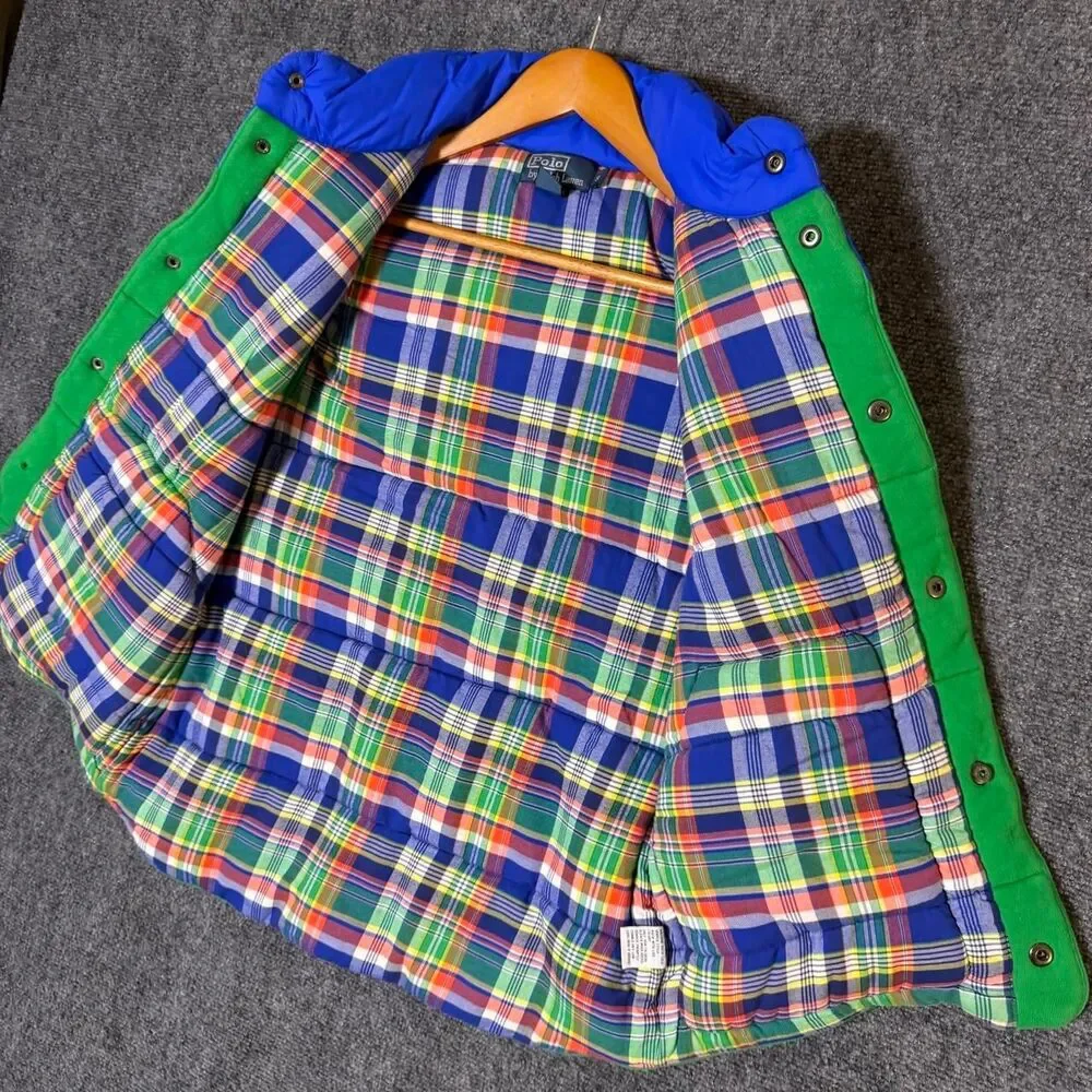 Polo Ralph Lauren Green/Blue Down Insulated Snap Front Puffer Vest Mens Small